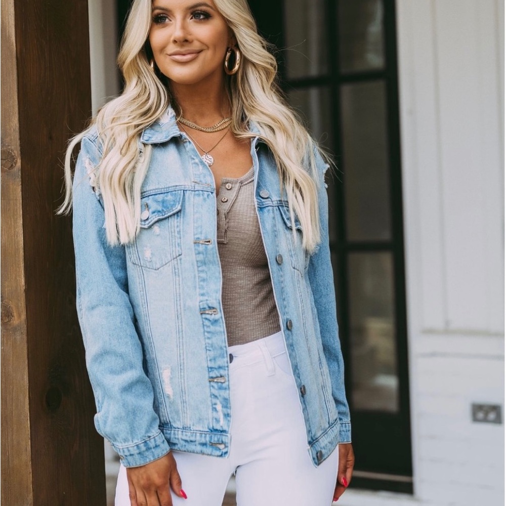 (NWT) Light Denim Distressed Jean Button Up Jacket